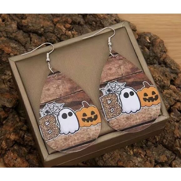 NWT Leather Halloween Pumpkin Ghost Spiderweb Teardrop Dangle Earrings - Picture 2 of 4